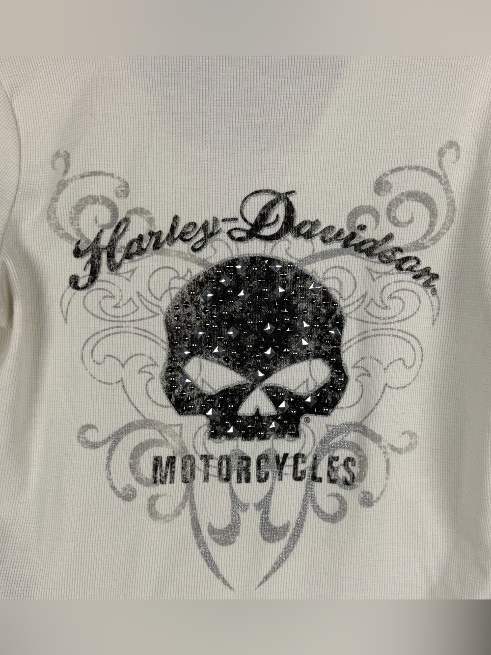 Harley Davidson White Cream Waffle Lace Up Skull Thermal Hoodie Women's Large - Picture 11 of 15